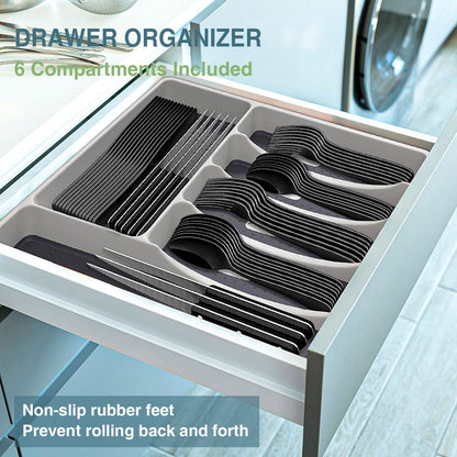Black Silverware Set, Umite Chef 49-Piece Flatware Set with Drawer Organizer, Durable Stainless Steel Cutlery Set for 8, Tableware Eating Utensils with Steak Knives for Home Restaurant