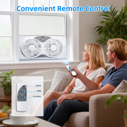 BEYOND BREEZE Window Fan Reversible Airflow, 9" Dual Window Fan with 3-Speed 3 Modes (Cool, Circulate, Exhaust), Remote Control Twin Window Fan 23.5" to 37" Adjustable Width for Bedroom, Kitchen, Home