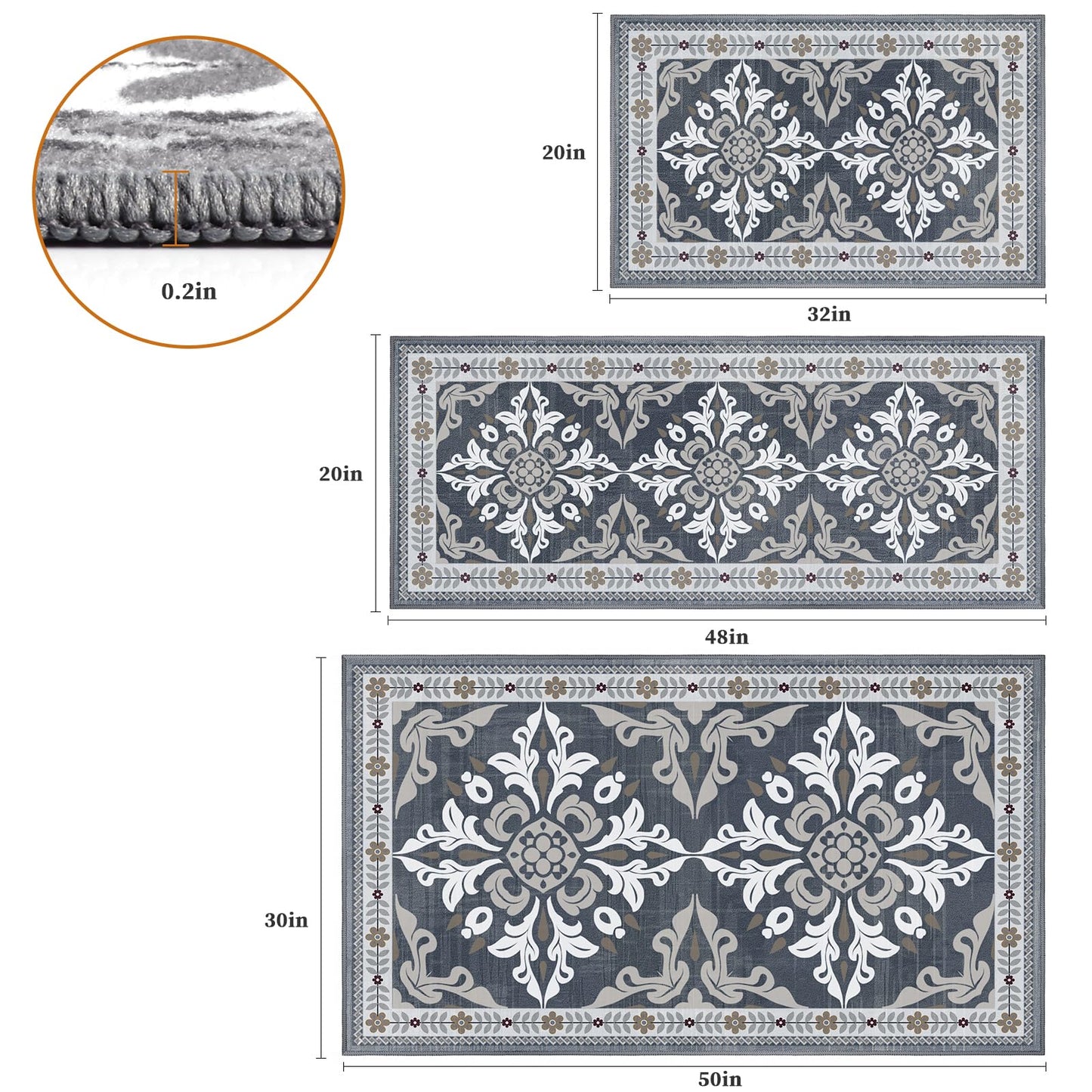 DailyCuddles Kitchen Rugs Set of 3, Non-Slip & Washable Floor Mats, Water-Absorbent Area Pad, Standing Desk Mat for Office, Home, Doorway, Laundry, Kitchen Accessories (Grey)
