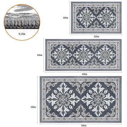 DailyCuddles Kitchen Rugs Set of 3, Non-Slip & Washable Floor Mats, Water-Absorbent Area Pad, Standing Desk Mat for Office, Home, Doorway, Laundry, Kitchen Accessories (Grey)
