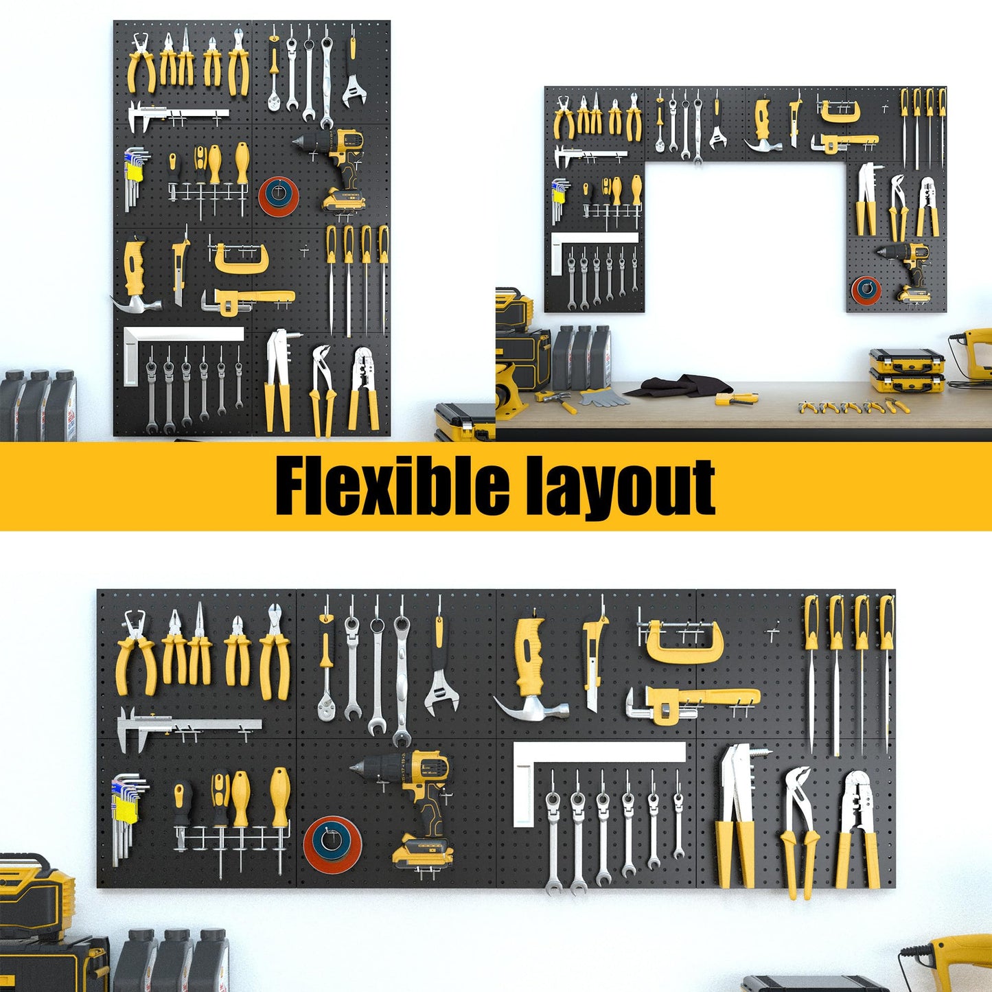 Spampur Peg Board, 8 Pack Metal Pegboard Panels with 50 Hooks, Black Pegboards Wall Organizer, Heavy Duty Peg Board for Walls Home, Garage Tool Storage, Office Organization, Craft Room, Kitchen