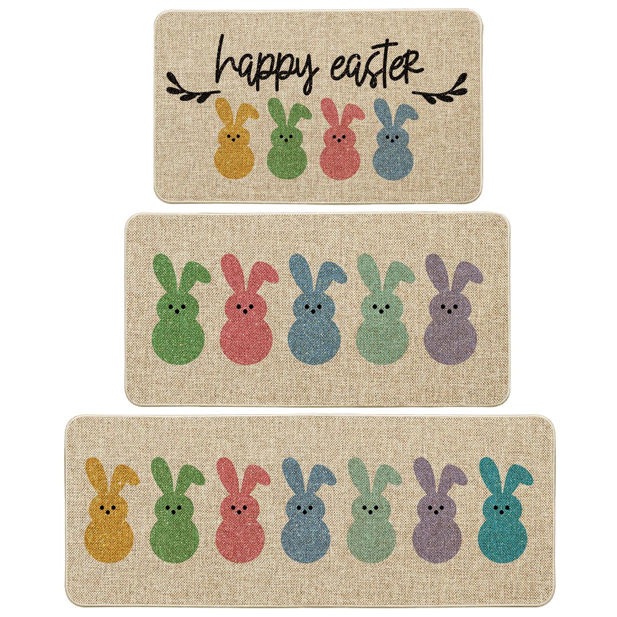Artoid Mode Rabbits Bunny Happy Easter Kitchen Mats Set of 3, Home Decor Low-Profile Kitchen Rugs for Floor - 17"x29"+17"x36"+17"x47"