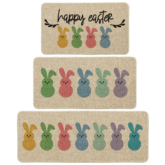Artoid Mode Rabbits Bunny Happy Easter Kitchen Mats Set of 3, Home Decor Low-Profile Kitchen Rugs for Floor - 17"x29"+17"x36"+17"x47"