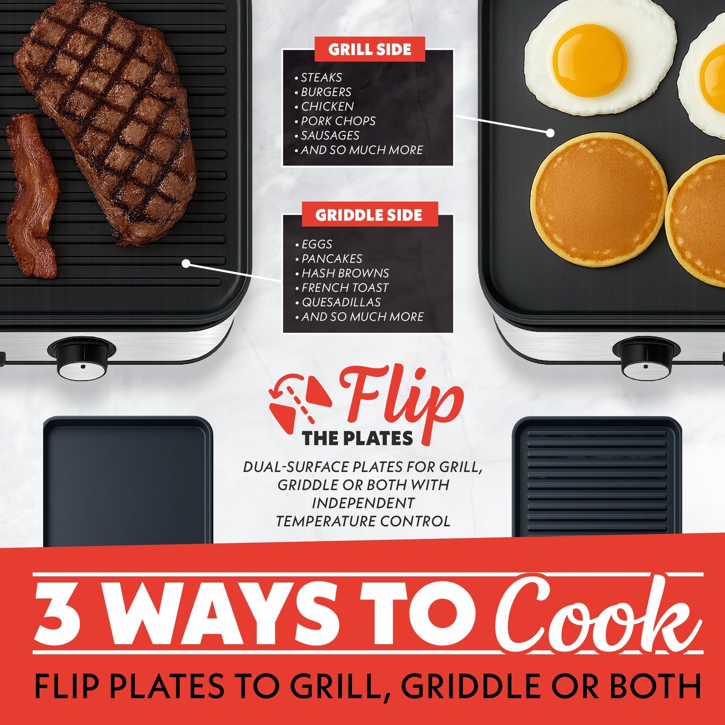 Gourmia 3-in-1 Indoor Grill & Griddle Electric Combo – Dual Independent Cooking Zones, Reversible Nonstick Ceramic Plates, XL Cooking Surface, 250–400°F Adjustable Temp, Dishwasher Safe