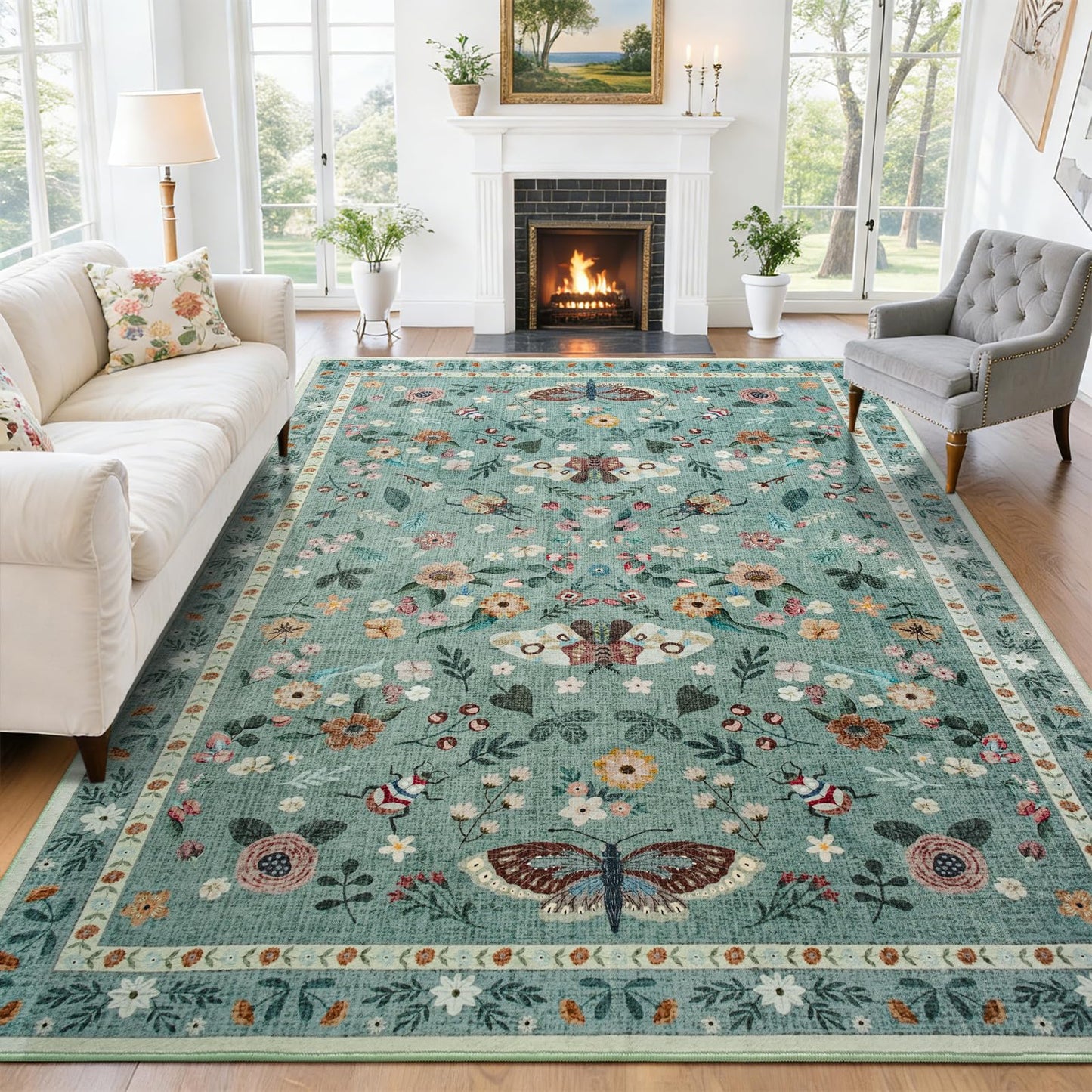 Iplusmall 5x7 Area Rugs for Living Room, Soft Washable Insect Rug for Bedroom, Floral Butterfly Low Pile Modern Carpet Non Slip Thin Large Throw Carpets for Dining Room Kitchen Home Office,Light Green
