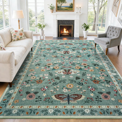 Iplusmall 5x7 Area Rugs for Living Room, Soft Washable Insect Rug for Bedroom, Floral Butterfly Low Pile Modern Carpet Non Slip Thin Large Throw Carpets for Dining Room Kitchen Home Office,Light Green