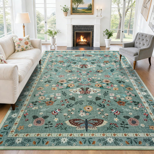 Iplusmall 5x7 Area Rugs for Living Room, Soft Washable Insect Rug for Bedroom, Floral Butterfly Low Pile Modern Carpet Non Slip Thin Large Throw Carpets for Dining Room Kitchen Home Office,Light Green