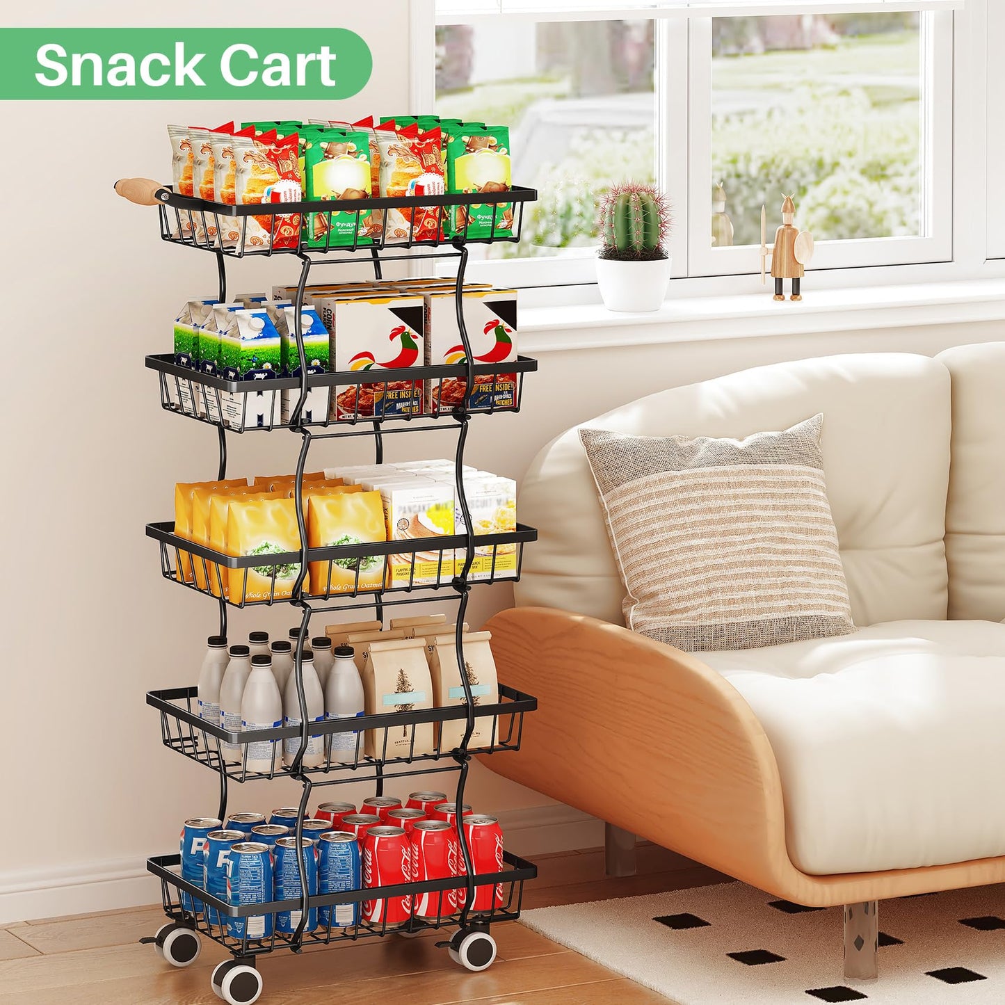 SAYZH Fruit Basket Kitchen Pantry Organizers and Storage - 5 Tier Stackable Metal Wire Basket Stand for Fruit Vegetable Snacks Jars Bins Containers Organization, (Black, 5 Tiers)