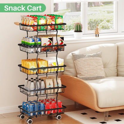 SAYZH Fruit Basket Kitchen Pantry Organizers and Storage - 5 Tier Stackable Metal Wire Basket Stand for Fruit Vegetable Snacks Jars Bins Containers Organization, (Black, 5 Tiers)