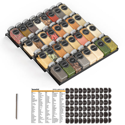 SpaceAid Spice Drawer Organizer with 32 Spice Jars, 386 Spice Labels, 4 Tier Seasoning Rack Tray Insert for Kitchen Drawers, 15" Wide x 17.5" Deep