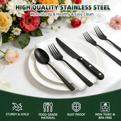 CEKEE 72-Piece Black Silverware Set with Steak Knives, Stainless Steel Flatware Set for 12, Tableware Cutlery Set, Kitchen Utensils Set for Home & Restaurant, Heavy Duty & Mirror Finished