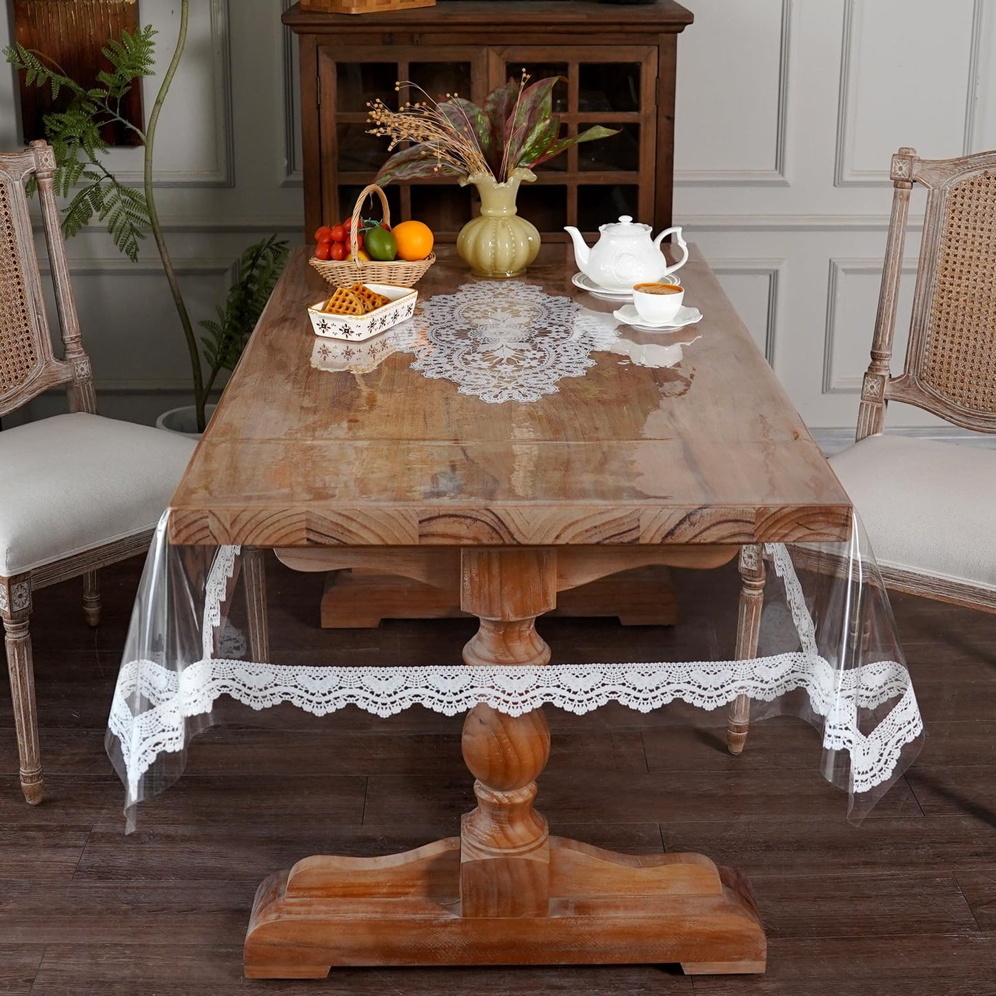 Artbloss Clear Table Protector Cover Vinyl Rectangle PVC Tablecloth with Printed Crocheted Lace Waterproof Oil Proof Wipeable Plastic Tablecloths for Home Kitchen Dining Table (Lace, 55 x 120 Inches)