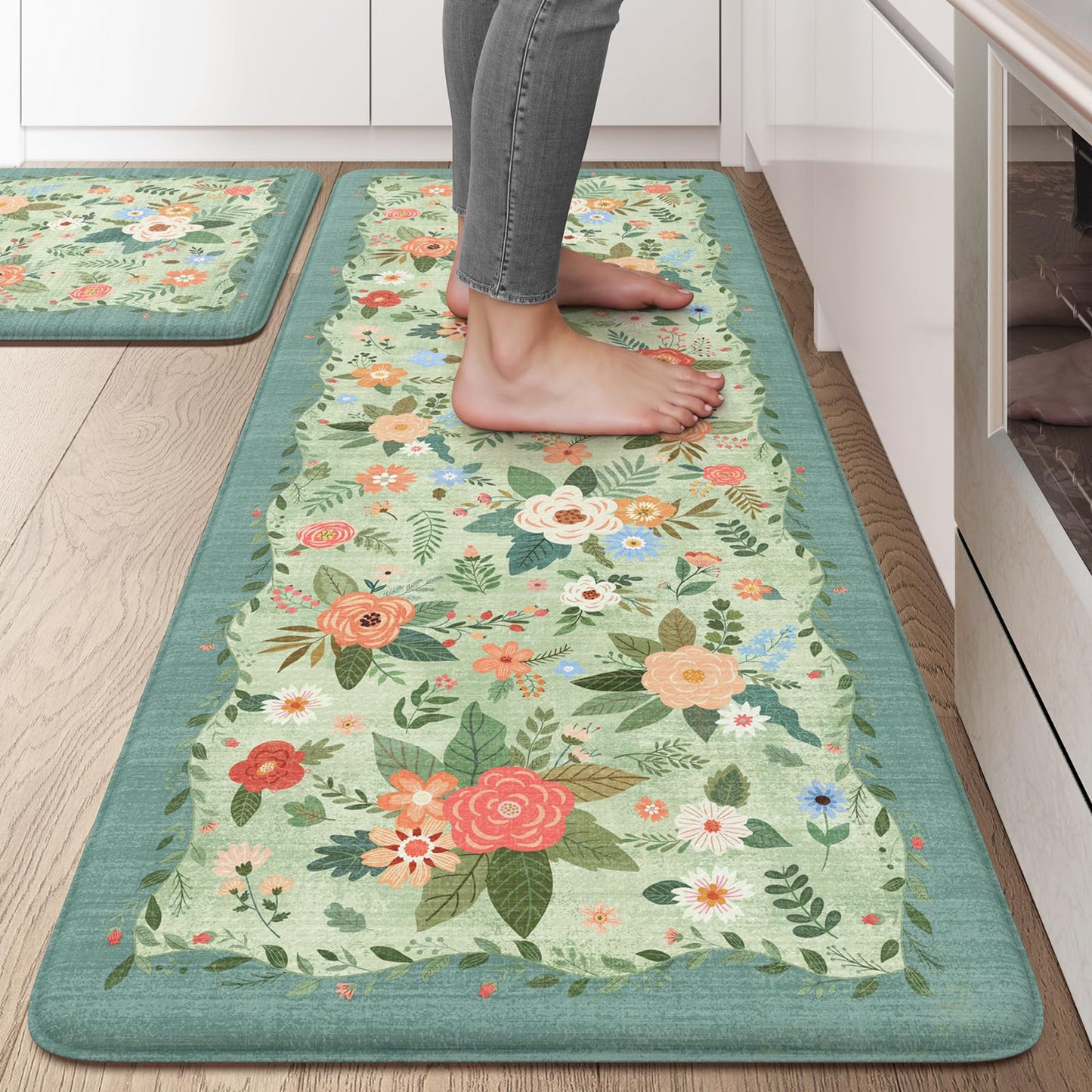 KIMODE Kitchen Mats for Floor Cushioned Anti Fatigue, Green Floral Kitchen Rugs Sets of 2, Boho Rugs for Kitchen Floor, Comfort Kitchen Floor Mats, Standing Desk Mat for Sink Laundry 20"x47"+20"x32"