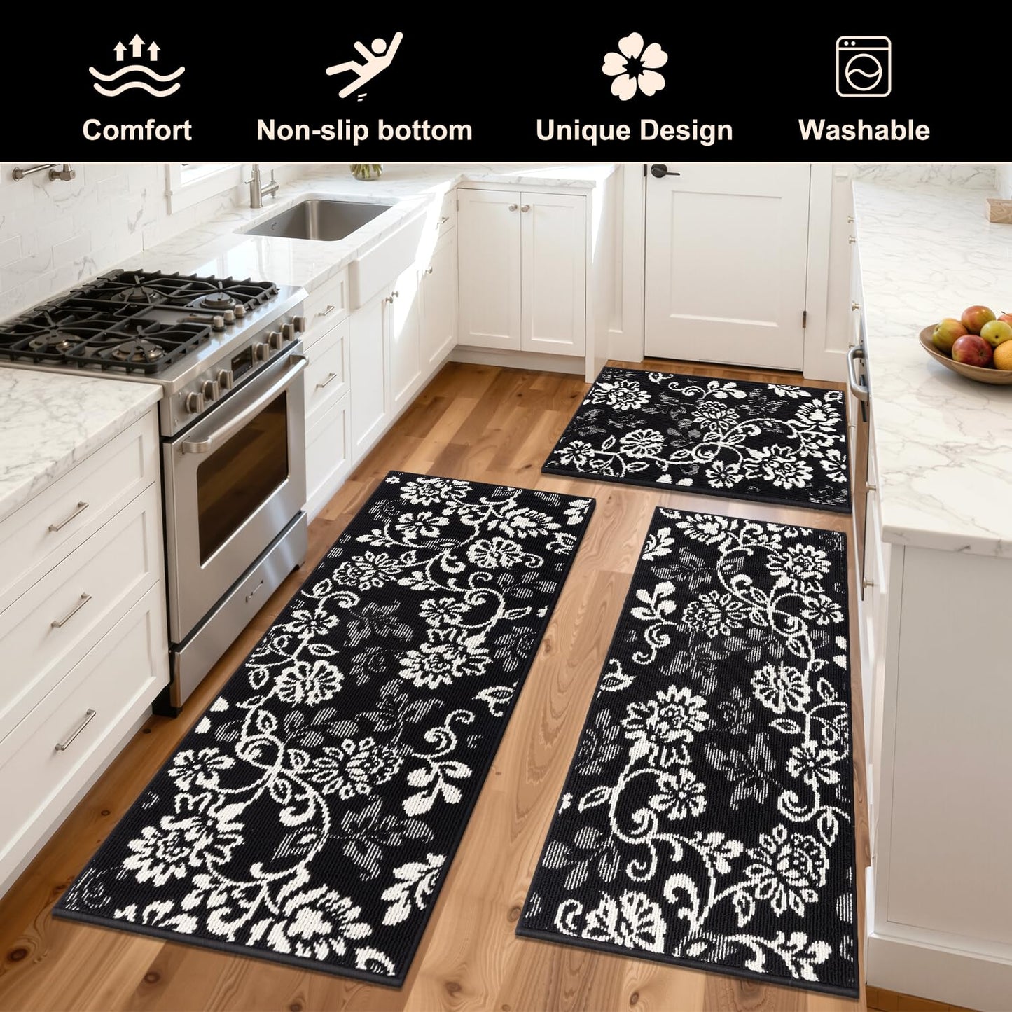 LOKHOM Boho Kitchen Rugs Sets of 3, Non Slip High-Low Textured Kitchen Mats for Floor with Rubber Backing, Paisley Floral Washable Carpet Runner for Hallways Entryway Laundry Sink (Black & White)