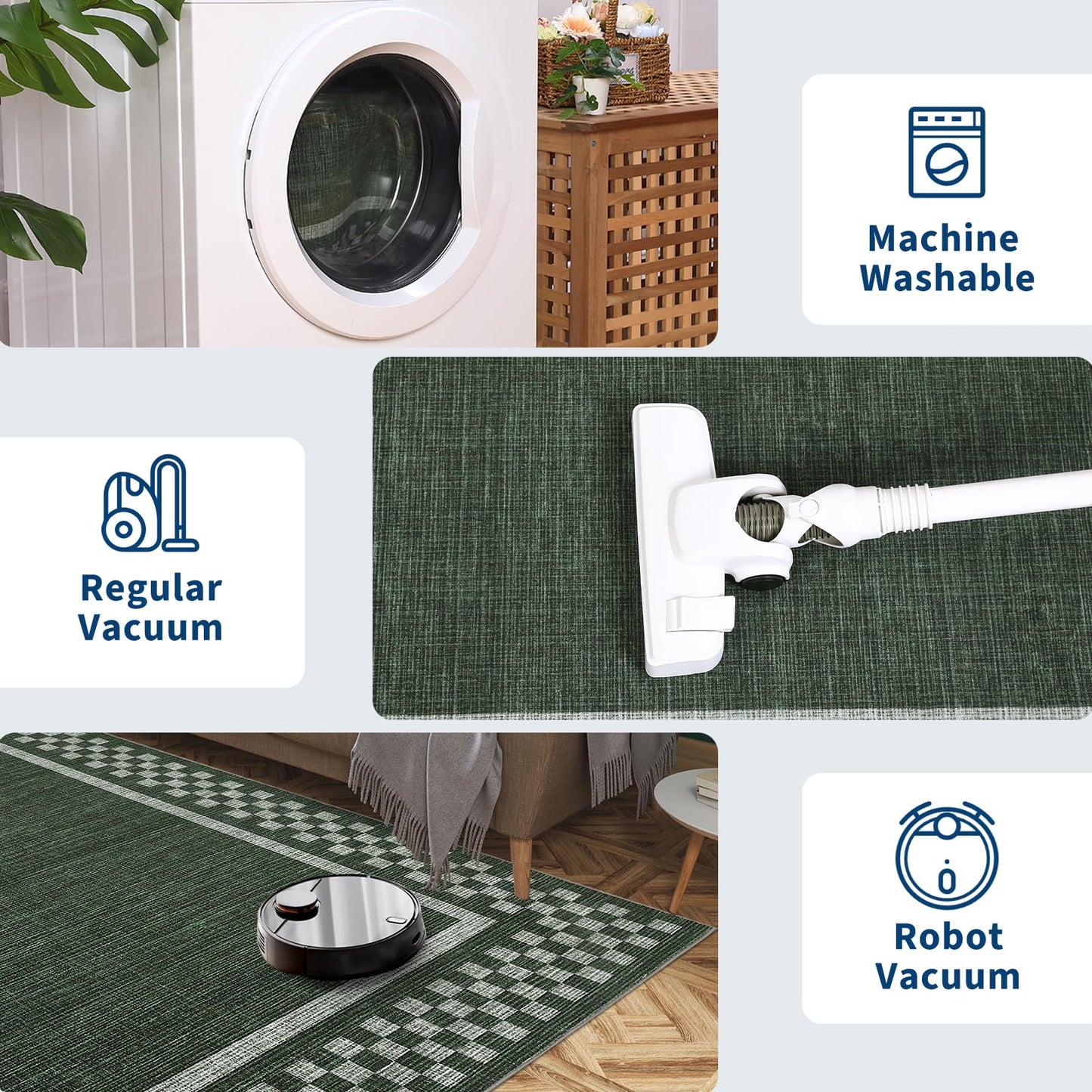 GarveeHome Washable Area Rug 4x6 Small Living Room Rugs Modern Bordered Soft Dining Room Throw Carpet Low Pile Non Slip Checkered Bedroom Rug Geometric Carpet for Nursery Kitchen Home Office, Green