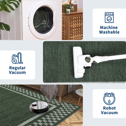 GarveeHome Washable Area Rug 4x6 Small Living Room Rugs Modern Bordered Soft Dining Room Throw Carpet Low Pile Non Slip Checkered Bedroom Rug Geometric Carpet for Nursery Kitchen Home Office, Green