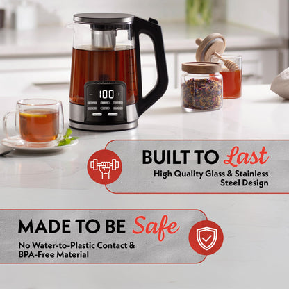 Gourmia Electric Programmable Glass Kettle – 1.7L Temperature Control Tea & Coffee Kettle with Digital Touch Display, 6 Presets, Keep Warm, Removable Stainless Steel Infuser, 360° Swivel Base – Black