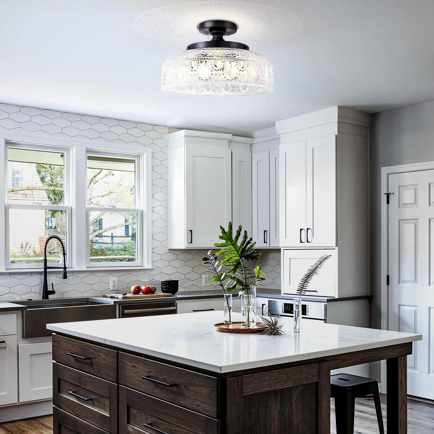 Lamomo Semi Flush Mount Ceiling Light, Upgraded Larger 12 Inch Black Hallway Light Fixture, 3 Light Globe Glass Close to Ceiling Light, Indoor Hanging Light for Bedroom Kitchen Porch Hallway