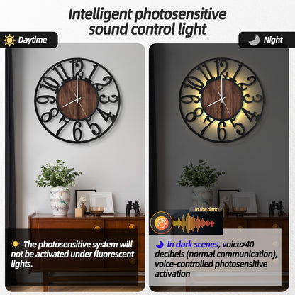 LEIKE Large Wall Clocks with Night Light Battery Operated,Silent Non Ticking,Rustic Modern Big Wood Clock for Living Room, Bedroom,Kitchen,Farmhouse,Office,Home Decor-20 Inch(Black-Arabic Number)