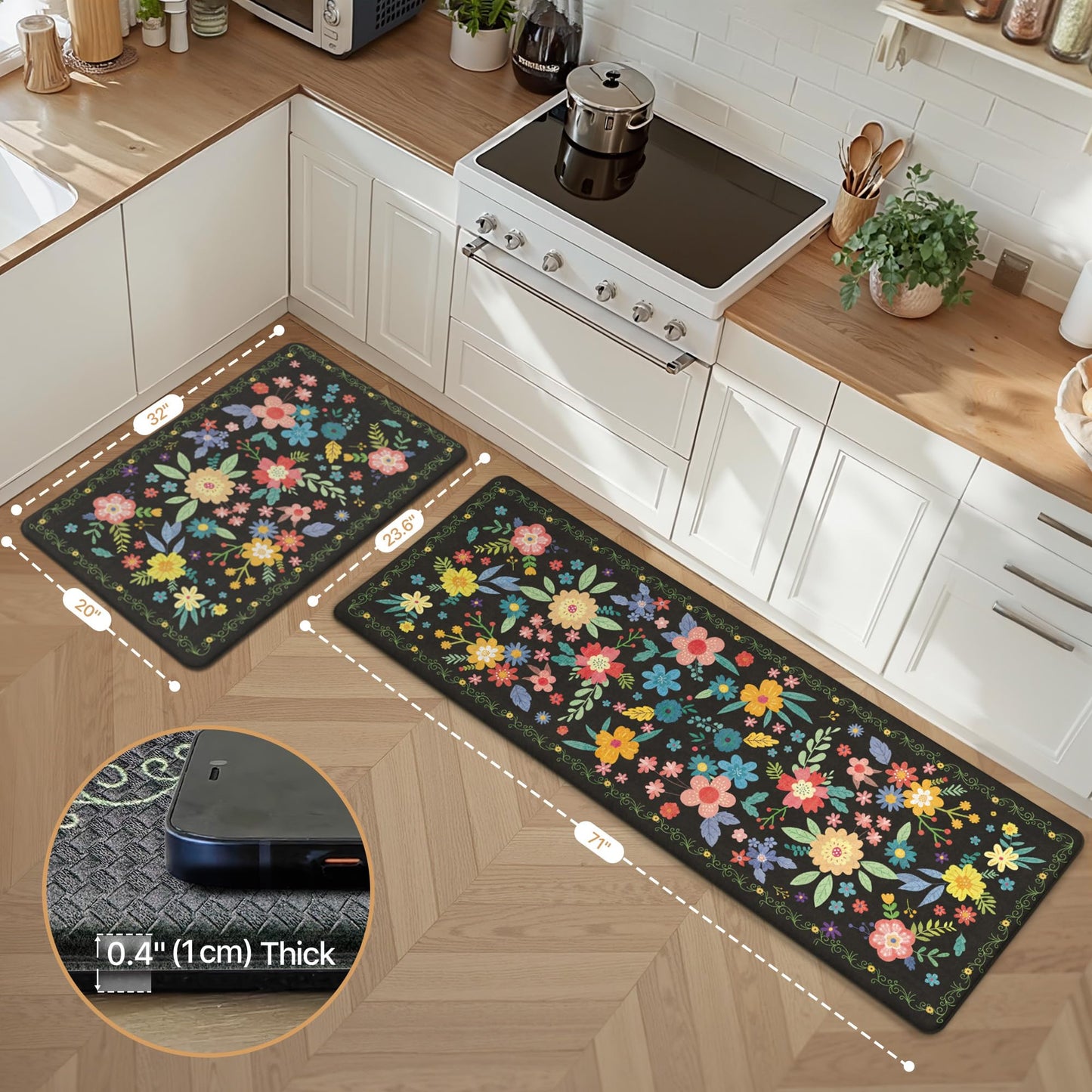 GENIMO Kitchen Mats for Floor 2PCS, Cushioned Kitchen Rugs Non Slip Washable, Farmhouse Anti Fatigue Mat Waterproof, Comfort Standing Mat Rug for Laundry, Office, Home, Sink, 23.6"x71"+20"x32", Black