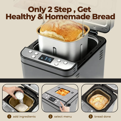 Rosewill 25-in-1 Automatic Bread Maker Machine with 3 Loaf Size up to 2 Lb, 700W High Power Dual Heater Bread Maker with BPA-free Nonstick Coating Pan, Max 15 Hours Delay Timer, Low Noise - Gray
