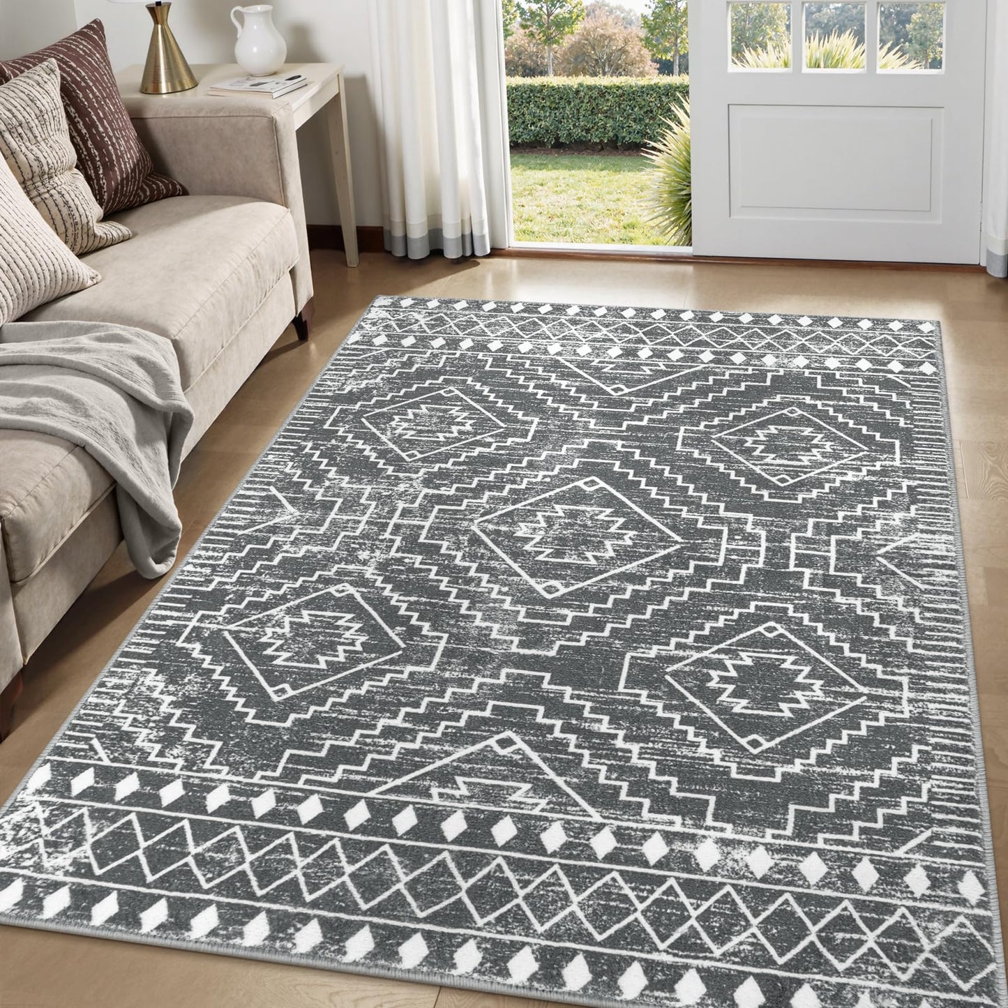 Wonnitar Moroccan 5x7 Washable Rug, Large Grey Area Rug for Living Room, Non-Slip Boho Bedroom Carpet Thin Soft Non-Shedding Farmhouse Rug for Dining Room Table Kitchen Home Office (Dark Grey,5'x7')