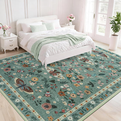 Iplusmall 5x7 Area Rugs for Living Room, Soft Washable Insect Rug for Bedroom, Floral Butterfly Low Pile Modern Carpet Non Slip Thin Large Throw Carpets for Dining Room Kitchen Home Office,Light Green