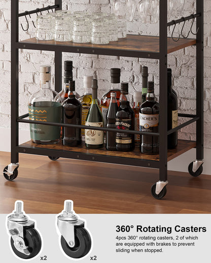 TUTOTAK Bar Cart, Serving Cart for Home, Microwave Cart, Drink Cart, Mobile Kitchen Shelf with Wine Rack and Glass Holder, Rolling Beverage Cart BC01BB030