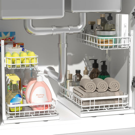 Uninol Under Sink Organizer, Adjustable Height Pull-Out Kitchen Storage Organization,15.8" x 11.8" x 16.5", 2-Tier Kitchen Shelf, Bathroom Drawer Organizer, 2 Pack|White