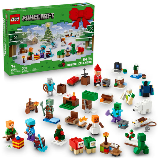 LEGO Minecraft Advent Calendar 2025, 24 Buildable Surprises, 8 Minifigures, Ages 7+, Holiday Countdown Gift, 21280
