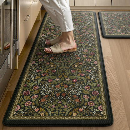 Collive Kitchen Mats for Floor 2PCS, Cushioned Anti Fatigue Rugs Non-Slip Waterproof Kitchen Sink Mat, Green Floral Standing Mat for Bar, Office, Desk, Home Decor