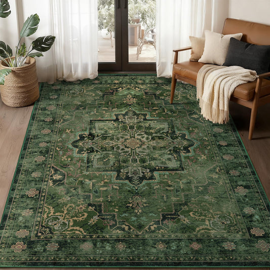 Jainmy Vintage Dark Green Area Rugs 5x7 for Living Room, Tranditional Distressed Medallion Printed Low Pile Thin Rugs for Bedroom, Non Slip Washable Carpet Rugs for Dining Room/Kitchen/Home Office