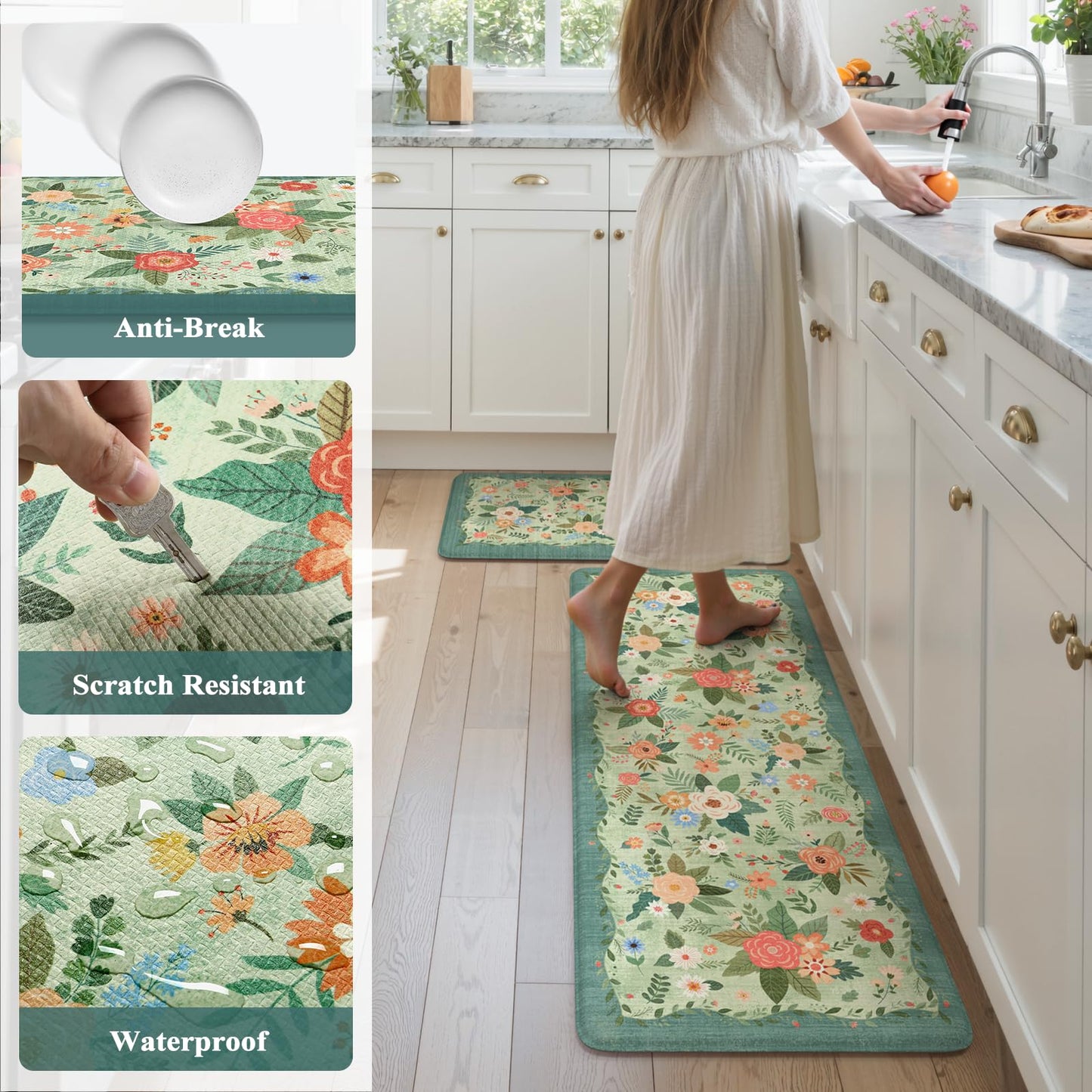 KIMODE Kitchen Mats for Floor Cushioned Anti Fatigue, Green Floral Kitchen Rugs Sets of 2, Boho Rugs for Kitchen Floor, Comfort Kitchen Floor Mats, Standing Desk Mat for Sink Laundry 20"x47"+20"x32"
