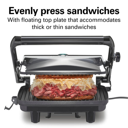 Hamilton Beach Panini Press Sandwich Maker & Electric Indoor Grill with Locking Lid, Opens Wide to Fit Any Thickness for Quesadillas, Burgers & More, Nonstick 8" x 10" Grids, Chrome (25460MNA)