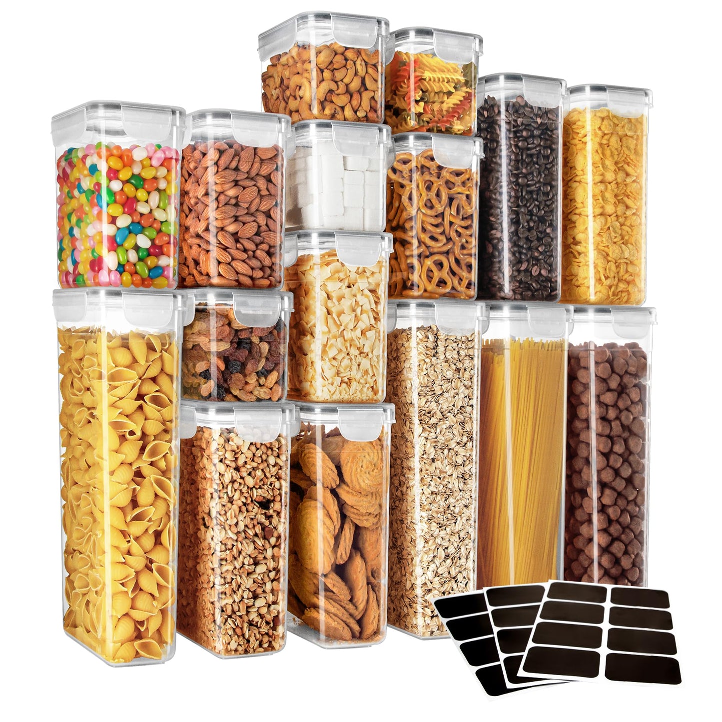 MR.SIGA 16 Pack Airtight Food Storage Container Set, BPA Free Kitchen Pantry Organization, Kitchen Canisters for Cereal, Spaghetti, includes 24 Reusable Sticker Labels