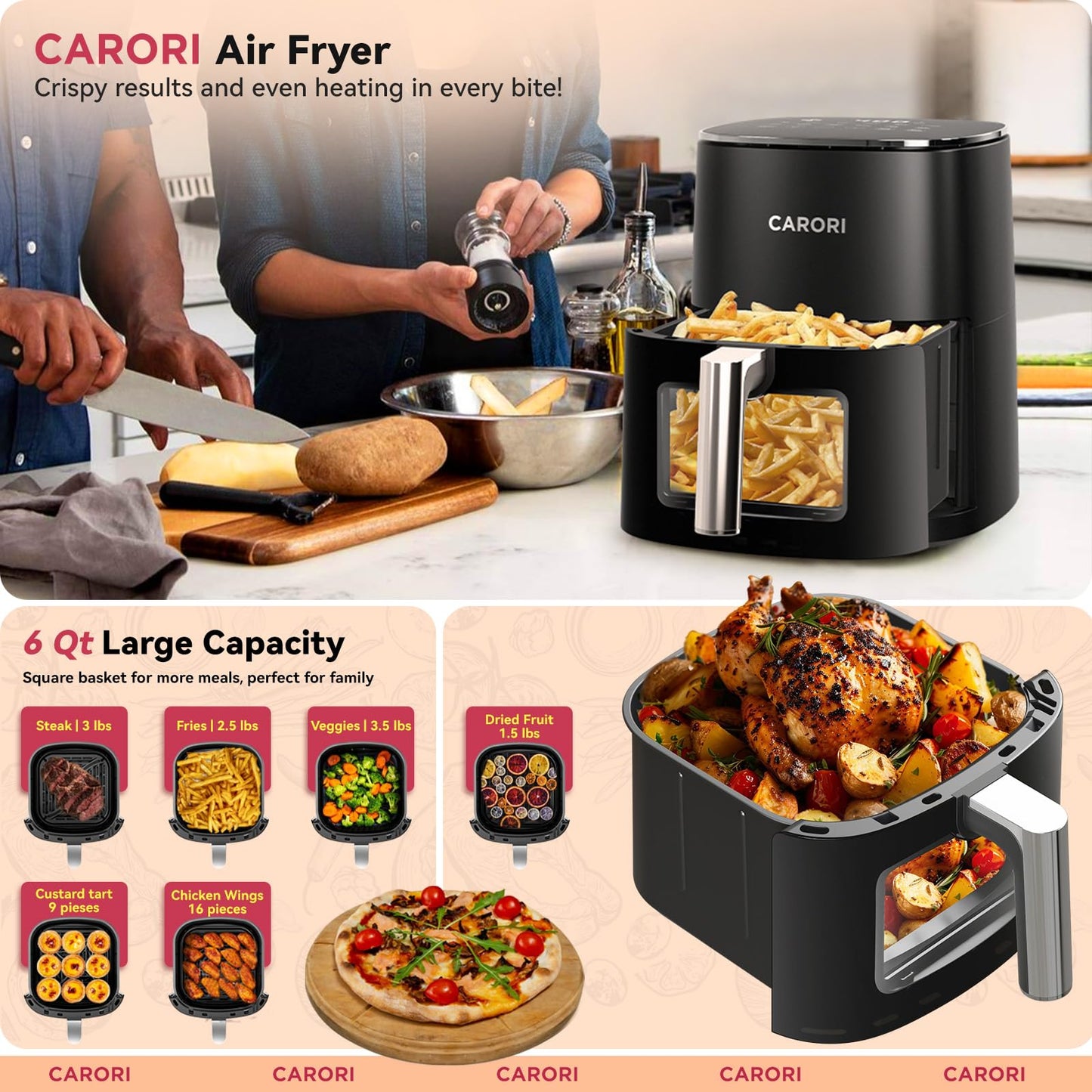 Air Fryer 12 Preset with Viewing Window, 6Qt Large Capacity, 400℉ Max Crisp, Airfryer, Bake, Roast, Dehydrate, Reheat, 1700W Quick Even Easy Meals, Nonstick Dishwasher Safe Basket