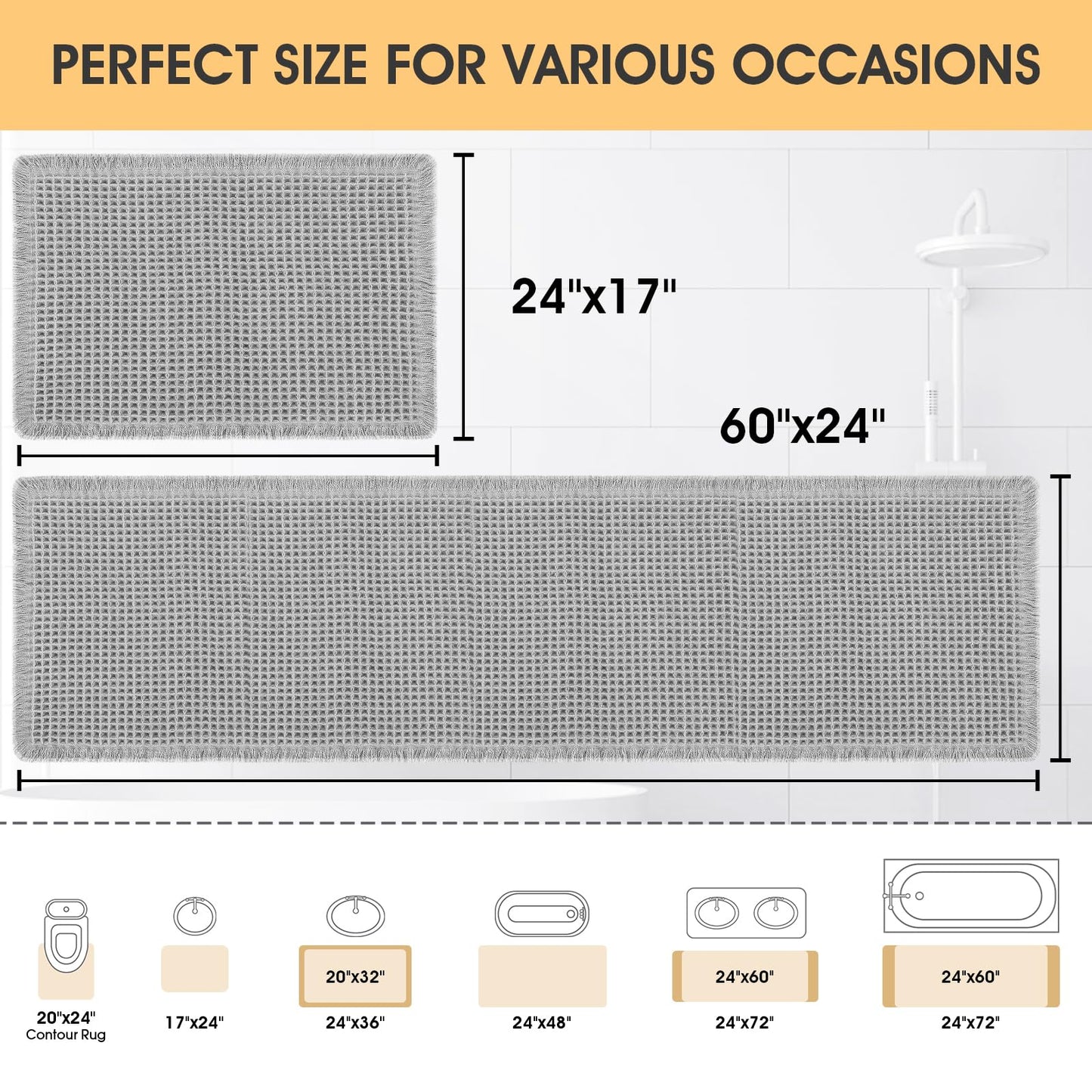 IM HOME Waffle Bath Mat Set 2 Piece Light Grey,Woven Modern Bath Rug Mats, Absorbent Non Slip Bath Floor Mat, Soft Washable Boho Bath Rugs with Tassels for Bathroom, Bedroom, Kitchen,Tub