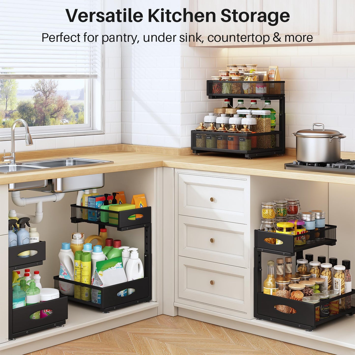 Under Sink Organizer, 2 Pack 2 Tier Pull Out Under Cabinet Organizer Shelf with Pad for Framed Cabinets, Metal Slide Out Under Sink Storage, Mesh Sliding Drawers for Kitchen Bathroom Laundry, Black