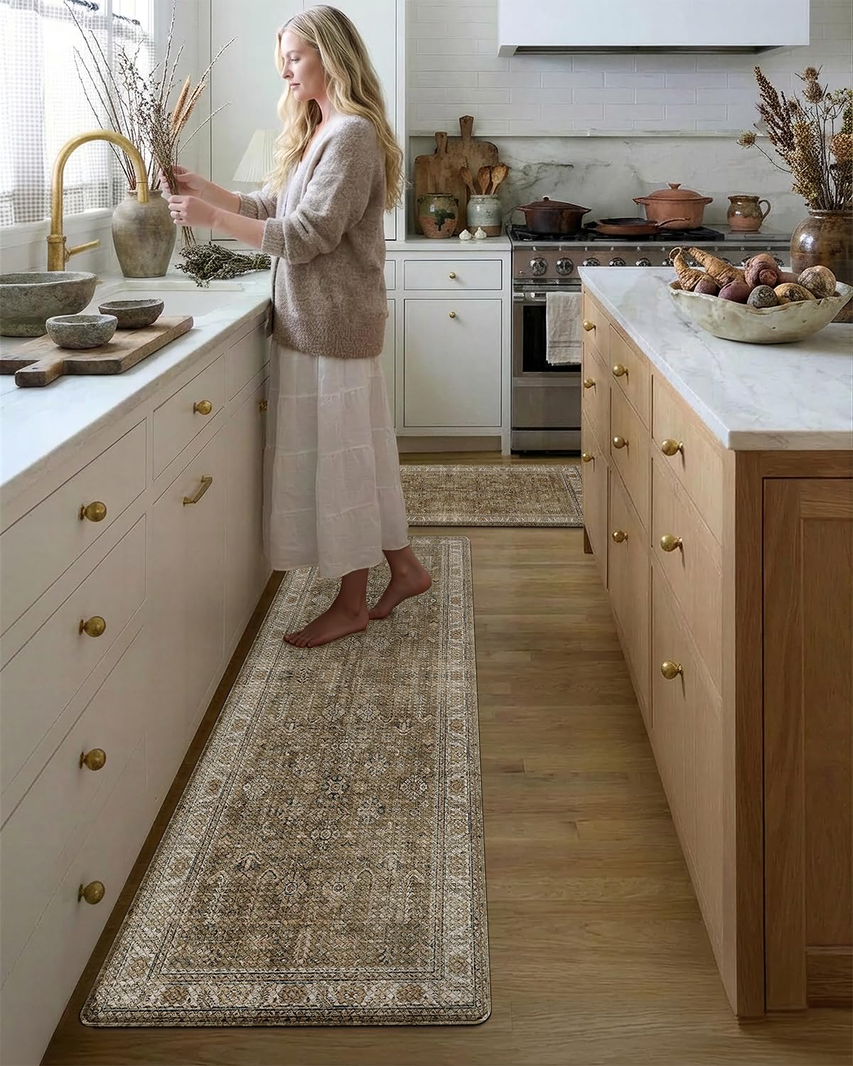 LUMI Anti Fatigue Kitchen Floor Mats Set of 2,Cushioned Comfort Standing PVC Rug Waterproof 2PCS, Non-Slip Ergonomic Foam Runner for Sink, Laundry, Office & Home,17x29+17x59,Tawny Echo