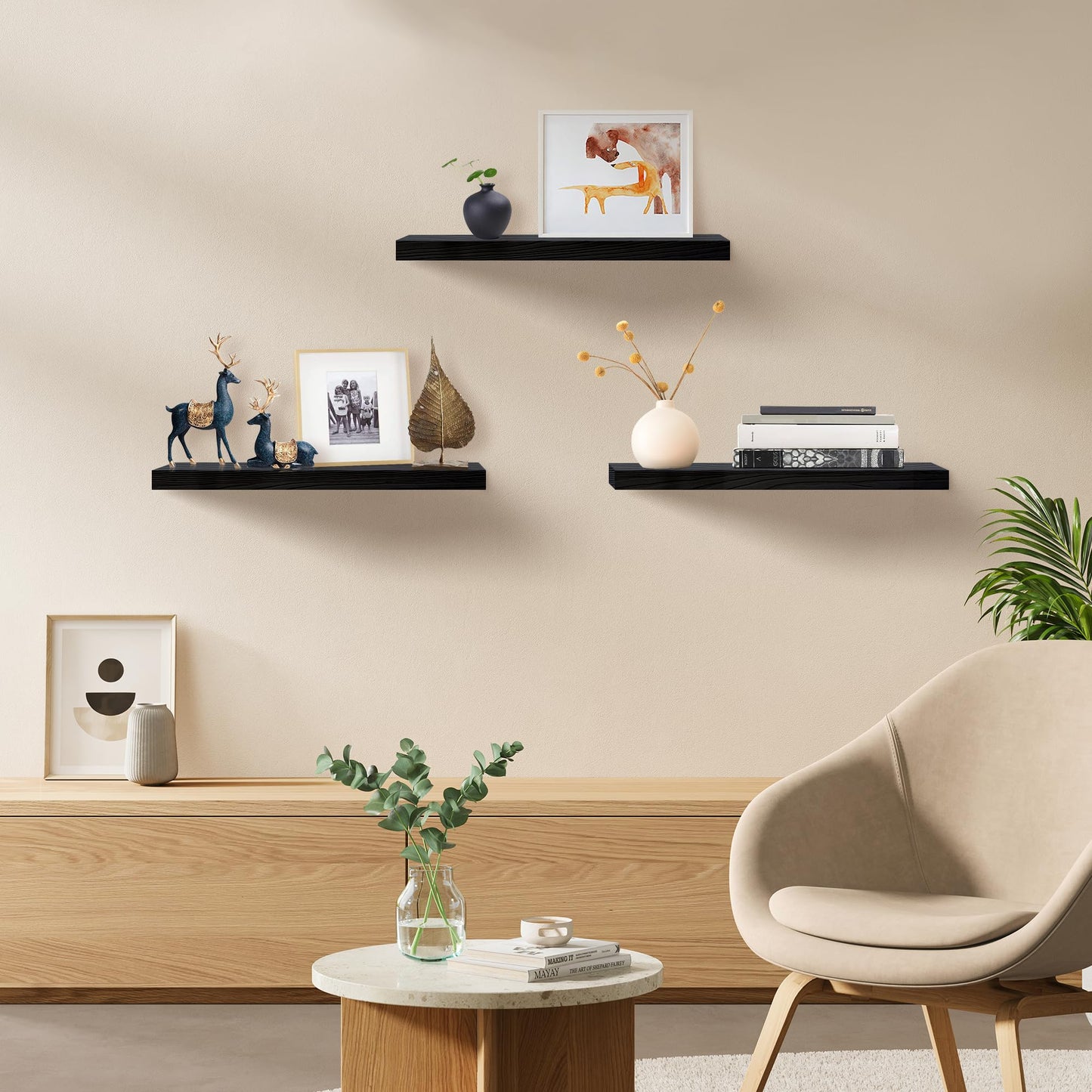 Upassion Floating Shelves for Wall Set of 3, 16" Black Wall Shelves for Home Decor, Frame Display Floating Shelf for Living Room, Bedroom, Bathroom, Kitchen