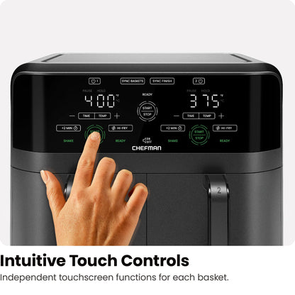 Chefman 6 Quart Dual Basket Air Fryer - Digital Touchscreen, Smart Sync Finish, Hi-Fry, Auto Shutoff, 2 Independent 3QT Nonstick Dishwasher-Safe Frying Baskets - Digital Double Air Fryer - Black