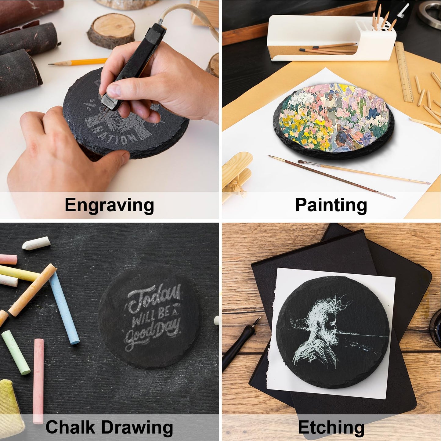 72 PCS Slate Coasters Set, 4 Inch Black Round Stone Drink Coasters Bulk, Laser Engraving Blanks with Anti-Scratch Bottom for Coffee Bar Home Kitchen Decor, Ideal Housewarming Wedding Gifts