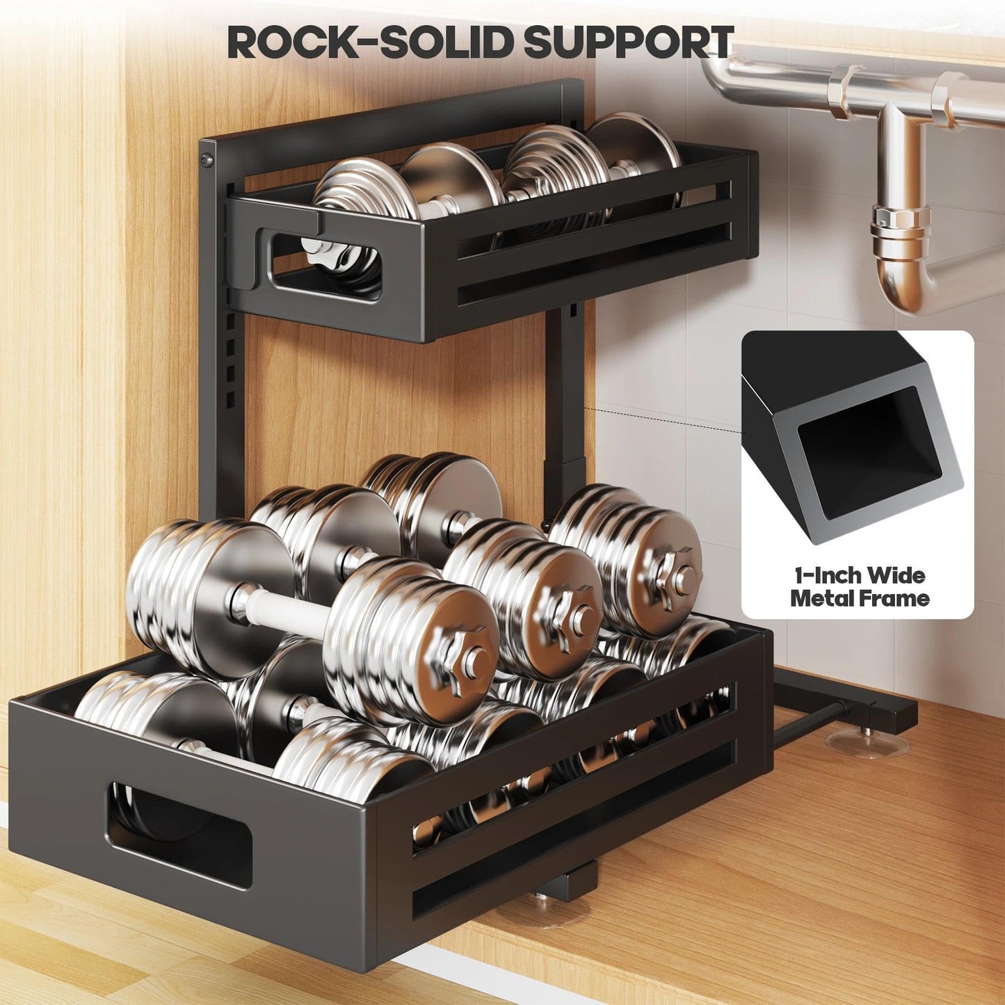 Biboraya 2 Pack Under Sink Organizer,Pull Out Cabinet Organizer with Smooth Cylindrical Rail,Metal Slide Out Drawer for Kitchen Bathroom Laundry Cabinet,8-Level Tool Free Height Adjustable-Black