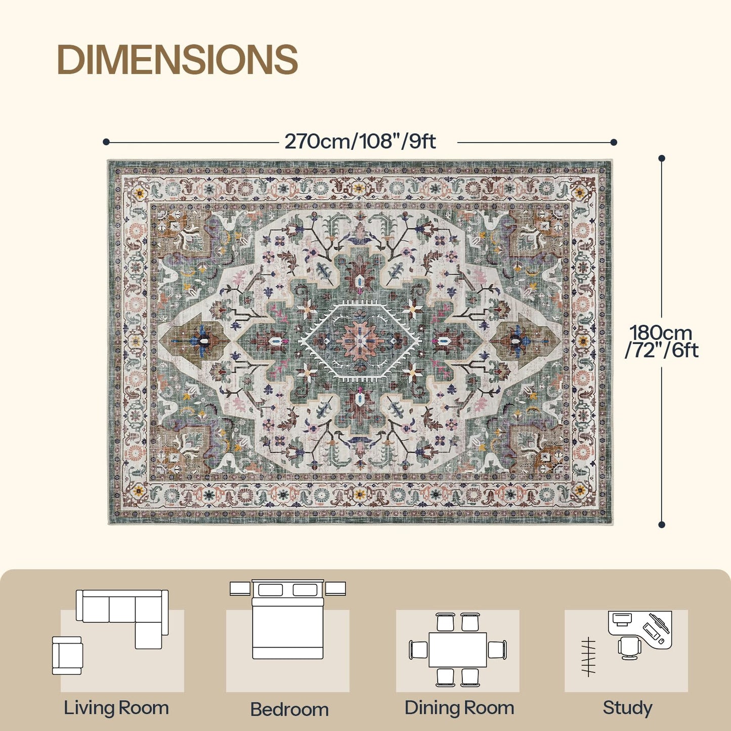 HOOBRO 6 x 9 ft Area Rugs for Living Room, Washable Non-Slip Stain Resistant Rug, Large Carpets, Pet Friendly Low Pile Soft Rug, for Bedroom Kitchen Dining Room Home Office, Vintage Green GN04AR01