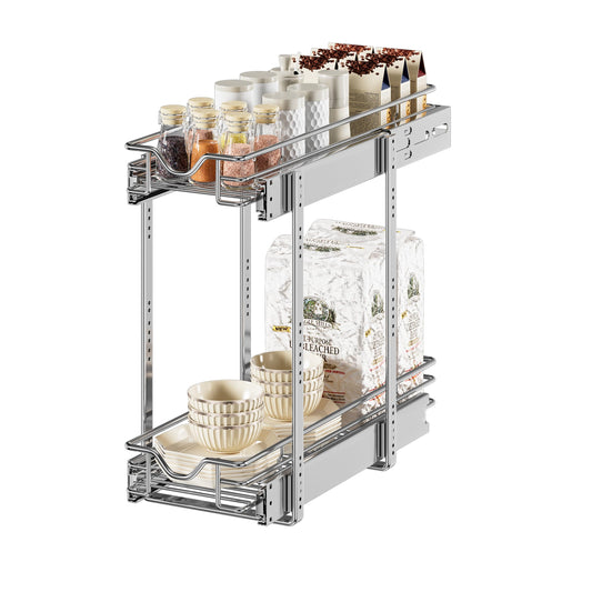 DINDON Pull Out Cabinet Organizer (7-1/2" W x 21-1/2"D), Cabinet Pull Out Shelves, 2 Tier Pull Out Drawers for Kitchen Cabinets, Wire Basket Slide Out Shelf for Cabinet Organization