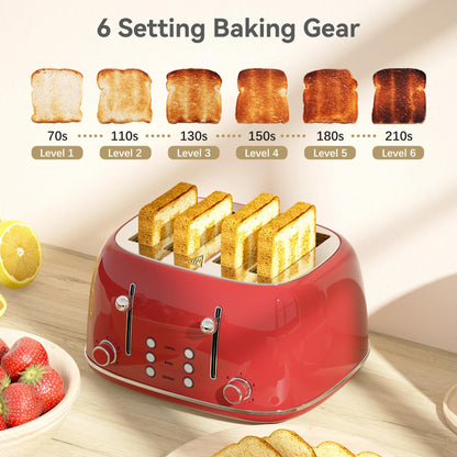 Toaster 4 Slice, Retro Stainless with 6 Bread Shade Settings,1.5''Wide Slots Toaster with Cancel/Defrost/Reheat,Dual Independent Control Panel(Red)