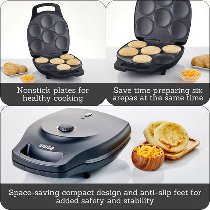 IMUSA 6 Slot Electric Arepa Maker with Temperature Control, Matte Black