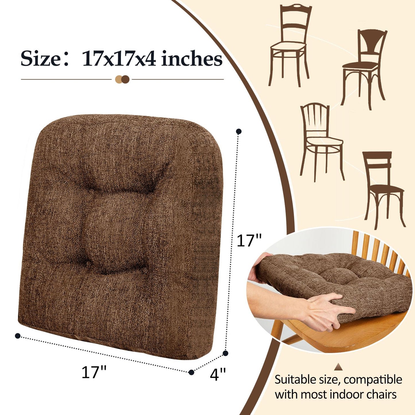 downluxe Chair Cushions for Dining Chairs 2 Pack, Tufted Indoor Chair Pads with Non-Slip Bottom, U-Shaped Kitchen Chair Cushions, 17"x17"x4", Brown