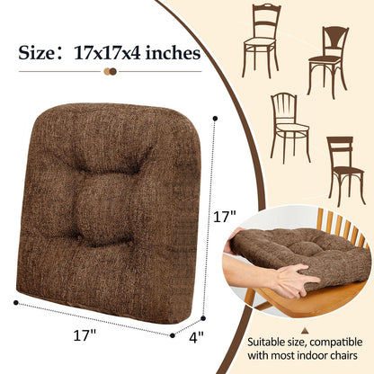 downluxe Chair Cushions for Dining Chairs 2 Pack, Tufted Indoor Chair Pads with Non-Slip Bottom, U-Shaped Kitchen Chair Cushions, 17"x17"x4", Brown