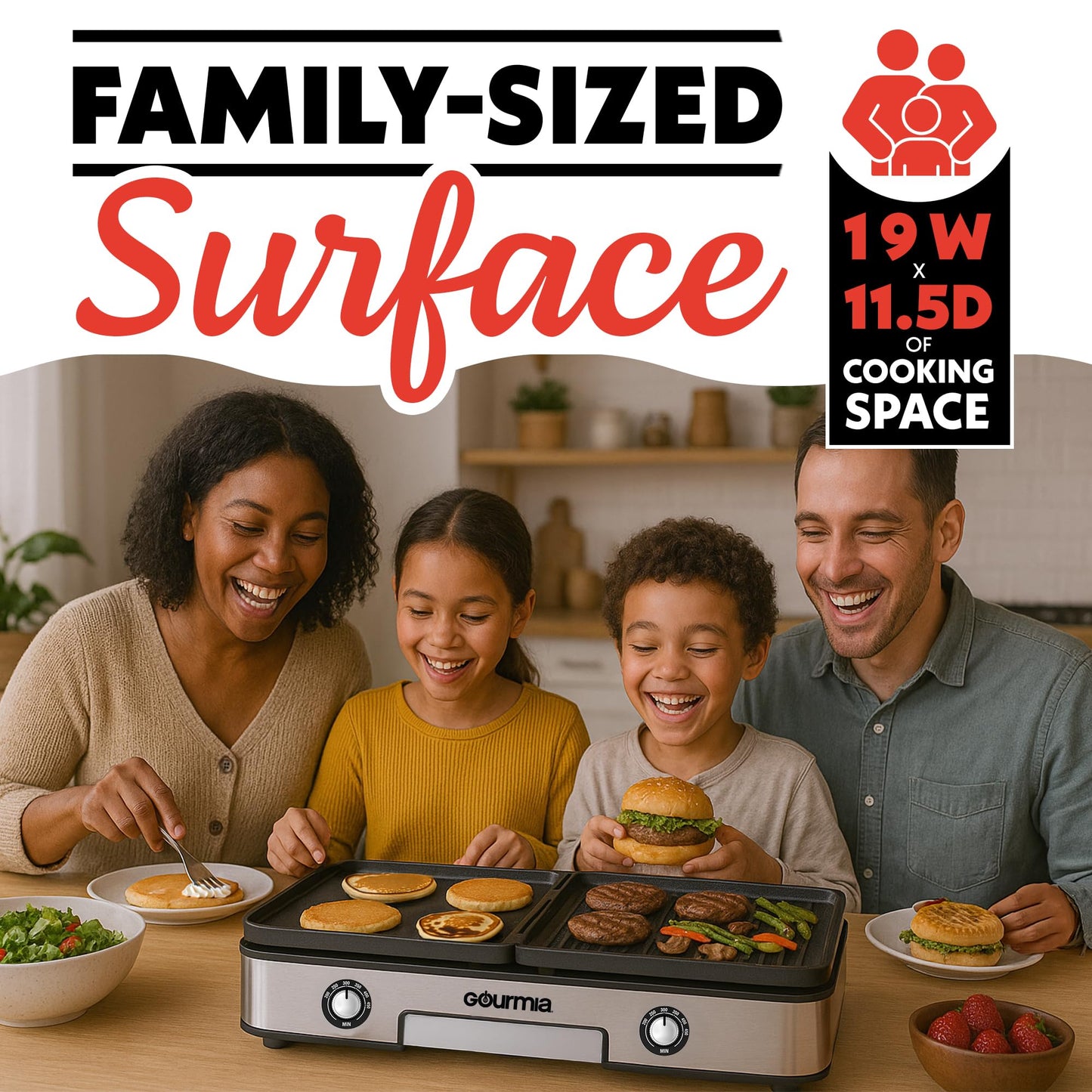 Gourmia 3-in-1 Indoor Grill & Griddle Electric Combo – Dual Independent Cooking Zones, Reversible Nonstick Ceramic Plates, XL Cooking Surface, 250–400°F Adjustable Temp, Dishwasher Safe
